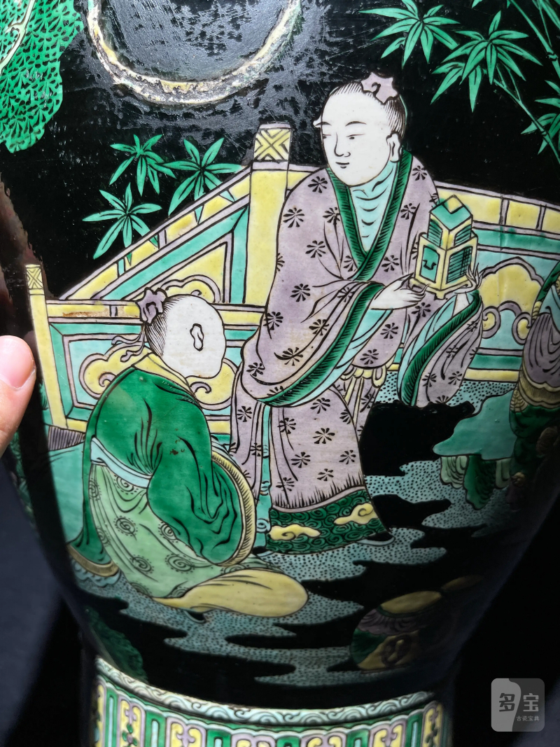 清晚期 墨地素三彩竹林七贤纹铺首尊 - 图5